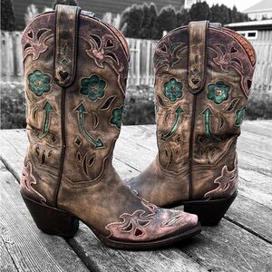 Dan Post Pink Wing Tip Women’s Cowboy Boots with Floral and Heart Inlay